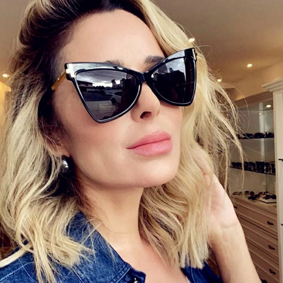 New Black Cateye Sunglasses with Gold Accent - Picture 2 of 9